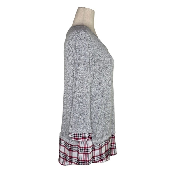 Westport Gray Knit Plaid Hem Tunic Top XL Layered Look Long Sleeve Cozy - Picture 2 of 8
